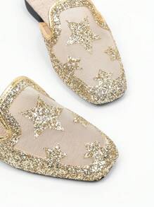 Gold, Silver, Black Glitter Star Decor Square Toe Mules Women, Low Heel Slip-On Mesh Breathable Closed Toe Backless Flat Slide Sandals For Summer Dresses