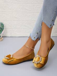 Elegant Round Toe Flat Shoes, Slip-On Fashion Bowknot Accent Ladies Shoes Fit For Everyday Wear, Spring/Autumn, Plus Size 36-43, Random Pattern - Golden Velvet-wreath Buckle - View 1