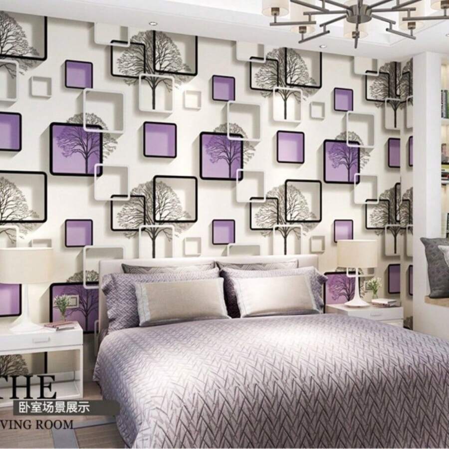 Purple 3D Square Frame And Tree Wallpaper Vinyl Decoration Size 5m*45cm - 紫色 - 查看 1
