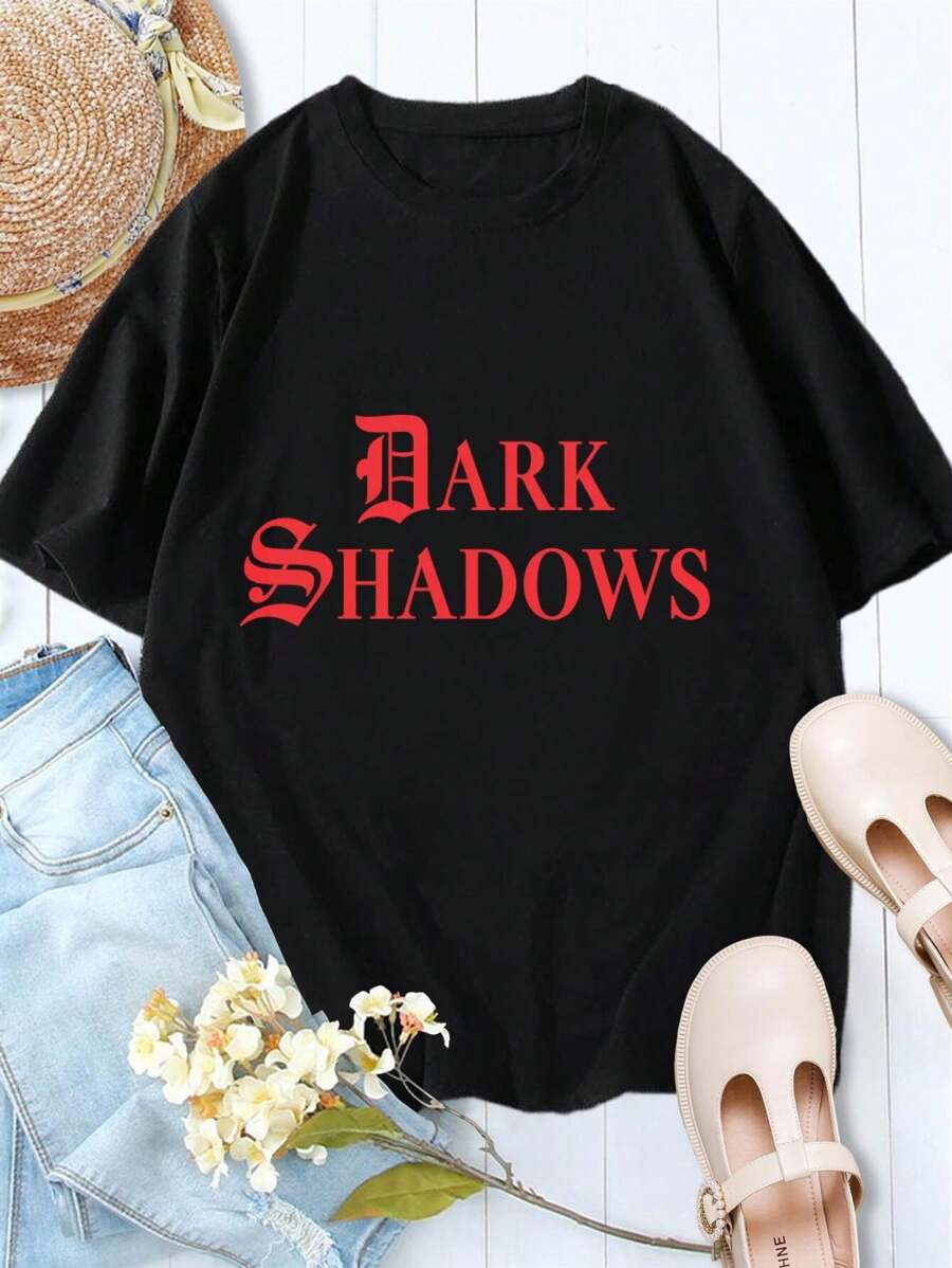 Couples' Dark Shadows Logo T-Shirts - Red Women's Tee Matching Shirts Lover's Tees Gothic Style - Black - View 1