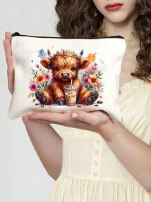 1 件可爱奶茶高地牛印花美容包，大容量轻便拉链收纳袋（拉链方向随机），适合作为男士和女士旅行洗漱包，完美的节日礼物，送给朋友的礼物，波西米亚风