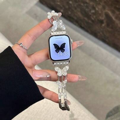 1ชิ้น สายนาฬิกาโลหะประดับพลอยเทียมรูปผีเสื้อ เหมาะสำหรับ 38/40/41/44/45/49/42/46มม. สำหรับ Apple Watch S11/SE3/Ultra3/Ultra/SE/SE2/10/9/8/7/6/5/4/3/2/1