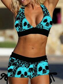Skeleton Print Color Block Bikini Swimwear With Conservative Square Cut Bottoms, 2 Pieces Set - Green - View 1