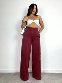 Women's Skinny Pants, High Waist, Wide Leg, Sophisticated, Blogger, Elegant - 酒紅色 - 查看 7