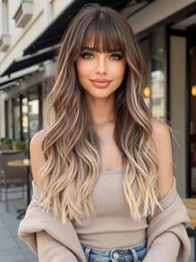 26英寸長啡色漸層金色卷曲波浪假髮，蓬鬆髮型，配有瀏海，防高溫纖維合成假髮，適用於女性日常、派對、萬聖節佩戴