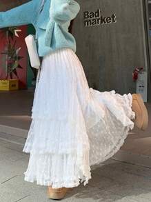 French Style Lace Flare Ruffle Skirt, High Waist Slimming Fairy Multilayer Asymmetrical Ditsy Floral - White - View 4