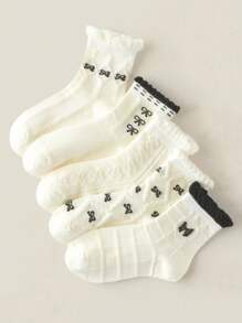 5 Pairs Of Children's Socks, Bow Diamond Checker Square Checker Pattern Girls Four Seasons Style Cute Casual Elegant Style Of Daily Travel To School Can Wear Children's Mid-Tube Socks.