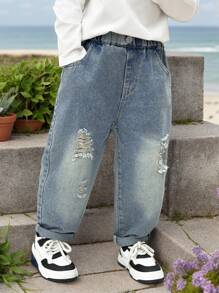 Young Boy Spring Fashion Ripped Distressed Embroidery Pocket Denim Jeans Pants - Baby Blue - View 5