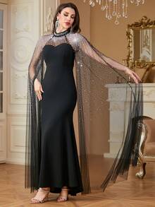 女式立领透视网眼拼接肩部和袖子，水晶装饰，优雅长袖长裙、派对礼服、礼服、正式、晚会、婚礼宾客