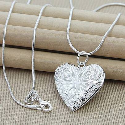 Silver Plating Photo Frame Pendant Necklace 16/18/20/22/24/26/28/30 Inch Snake Chain For Woman Charm Wedding Fashion Jewelry