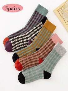 5 Pairs Retro British Style Jacquard Patterned Mid-Calf Socks, Versatile For All Seasons - Multicolor - View 1