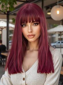 16 Inch Red Wig With Bangs,Straight Wigs For Women,Long Straight Heat Resistant Synthetic Wig For Fashion Women Goth Y2K Style