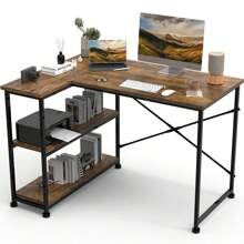 Umkehrbarer Schreibtisch L Form Eckschreibtisch mit Ablagefächern Reversibel Computertisch L-förmiger mit Ecktisch, Bürotisch L Form 2 Tier DIY Lagerregalen 110CM Eck Tisch Vintagebraun