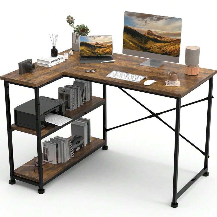 Umkehrbarer Schreibtisch L Form Eckschreibtisch mit Ablagefächern Reversibel Computertisch L-förmiger mit Ecktisch, Bürotisch L Form 2 Tier DIY Lagerregalen 110CM Eck Tisch Vintagebraun