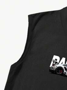 Lonblece 男士摩托车图案印花无袖背心，运动元素，适合日常休闲穿着，春夏 - 黑色 - 查看 8