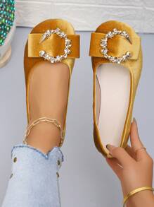 Elegant Round Toe Flat Shoes, Slip-On Fashion Bowknot Accent Ladies Shoes Fit For Everyday Wear, Spring/Autumn, Plus Size 36-43, Random Pattern - Golden Velvet-wreath Buckle - View 2