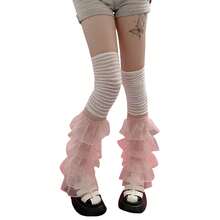 Calentadores de piernas para mujer con volantes de encaje y retazos, calcetines largos hasta el muslo, cubrebotas para ropa de calle - Rosa perla - Ver 1