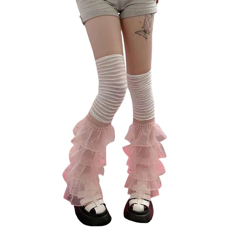 Calentadores de piernas para mujer con volantes de encaje y retazos, calcetines largos hasta el muslo, cubrebotas para ropa de calle - Rosa perla - Ver 1