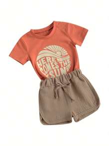 Toddler Baby Boy Clothes Set Pattern Printing Two-Pieces Shorts Set Infant Boys O-Neck Short Sleeve T-Shirt Tops + High Waist Shorts Set Summer Outfit - Màu Khaki - Xem 2