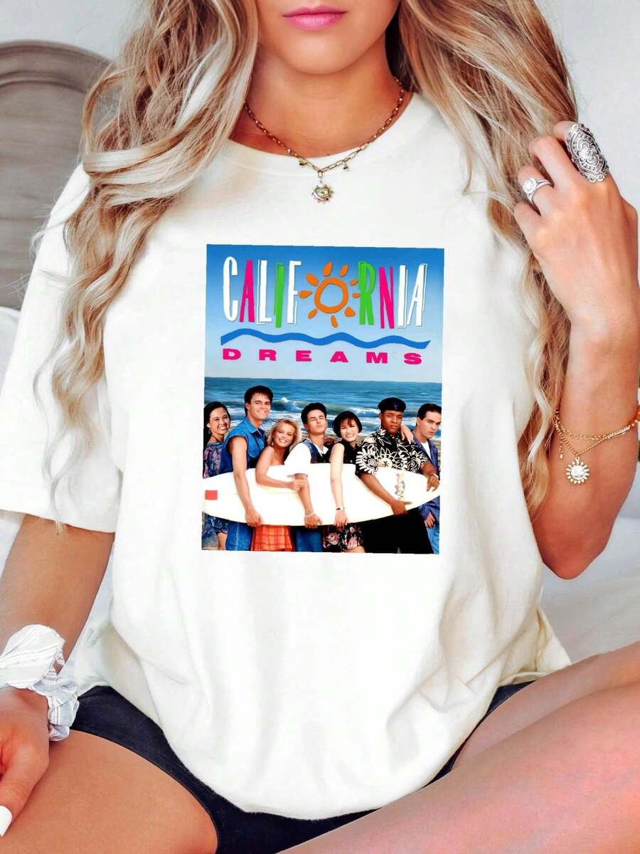 100% Cotton California Dreams T Shirt Retro Tv Show Casual Summer Stretched Top For Everyday Wear Versatile Breathable Soft Print Round Neck Short Sleeve Streetwear Stylish Fashion For Women Unisex Homme Designer Clothes Slightly Comfortable Graphic - White - View 1