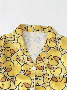 2 件套女士短袖纽扣领上衣和短裤睡衣套装，舒适休闲宽松家居服，可爱的黄色印花基本款，适合家居和户外穿着，春夏秋冬 - 黃色 - 查看 3