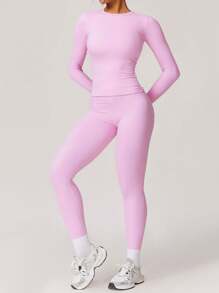 NcmRyu 1 Set Solid Color Women S Long Sleeves Solid Crop High Waist Biker Pants Tracksuit Set StreetwearTracksuit Sporty Breathable Comfy Outfits For Gym Workout Running Ladies Sportswear Minimalistic Outfit Cute Going Out Tops ﻿Summer - 粉色 - 查看 4