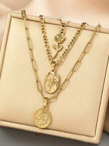 3pcs Stainless Steel Golden Rose Flower Pendant Necklace Set, Suitable For Women's Daily Decoration Or Gift Giving