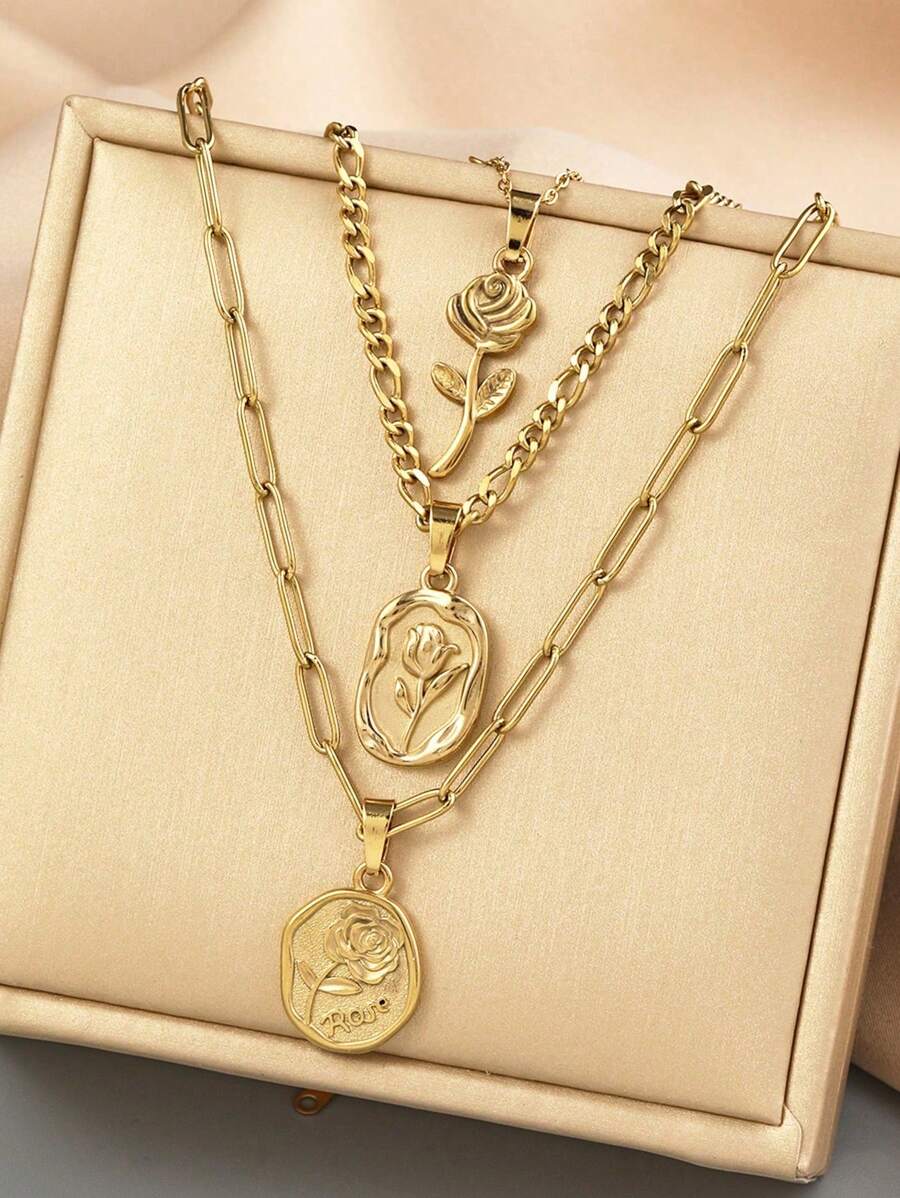 3pcs Stainless Steel Golden Rose Flower Pendant Necklace Set, Suitable For Women's Daily Decoration Or Gift Giving