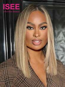 ISEE Peluca con lace frontal de cabello humano liso con mechas rubias doradas, longitud de 10-14 pulgadas, 180% de densidad, uso diario para mujeres, sin pegamento, con línea de implantación natural, pre recortada - S5/613/24 - Ver 1