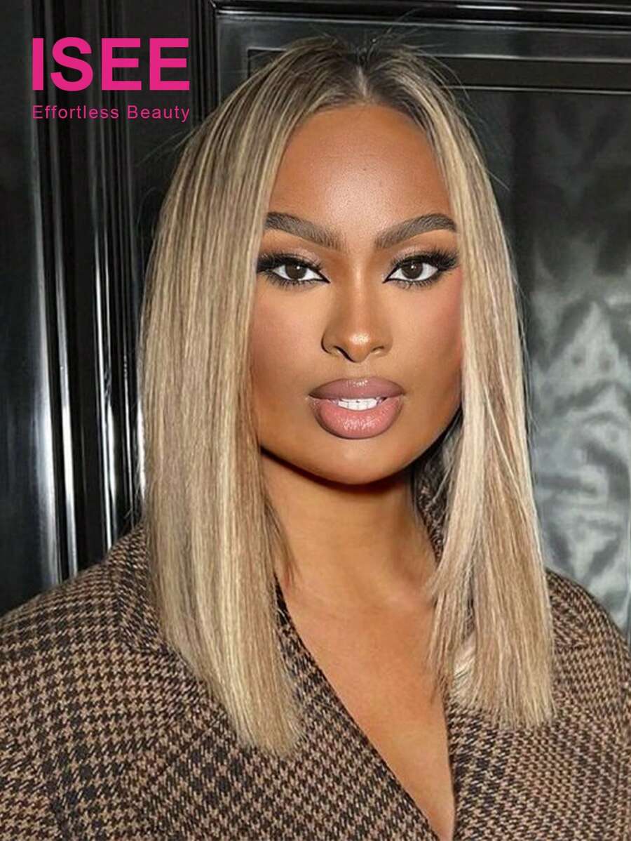 ISEE Peluca con lace frontal de cabello humano liso con mechas rubias doradas, longitud de 10-14 pulgadas, 180% de densidad, uso diario para mujeres, sin pegamento, con línea de implantación natural, pre recortada - S5/613/24 - Ver 1