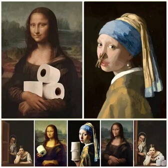 1pc Vintage Funny Bathroom Toilet Decoration Painting Mona Lisa Wearing Pearls Girl With Roll Paper Canvas Prints Wall Arts Posters Home Wall Decor No Frame