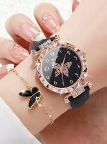 6pcs/Set Women's Minimalist Butterfly & Numberic Dial Quartz Wrist Watch + Butterfly Jewelry Set, Excluding Watch Box - Black - View 2