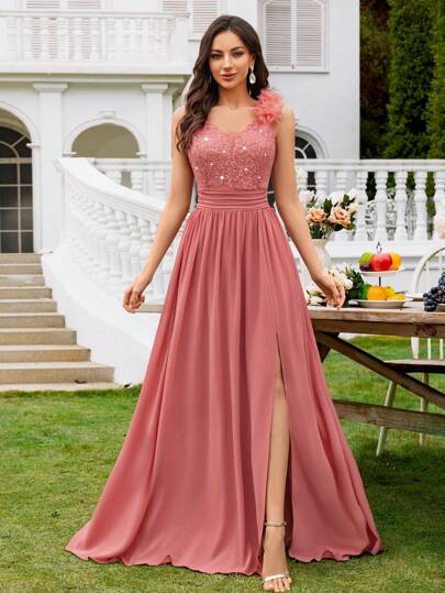 MIUSOL Vestido formal de gala con cuello de corazón, sin mangas, con volantes de chifón y abertura, con encaje y lentejuelas, adecuado para invitados de boda, ceremonia de graduación, gala y otras ocasiones