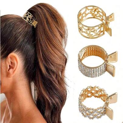 Set de 3 piezas/Pinzas para el cabello de mujer con diamantes de imitación dorados redondos para el Día de San Valentín, pueden sujetar una coleta alta, antideslizantes, aptas para uso diario, hogar, exterior, transporte, regalo elegante, escuela (también disponible por pieza individual)