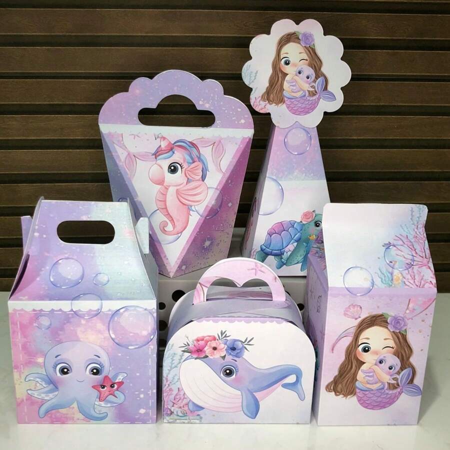 Kit 20 WATERCOLOR MERMAID Boxes - Boxes For Decoration And Souvenirs For Children's Birthdays - Take And Assemble - As In the Photo - View 1