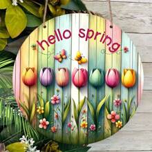 1pc Wooden Hanging Hello Spring Sign, Seasonal Wall Art Decor With Colorful Tulips And Butterflies, Suitable For Easter And Spring Celebrations Easter Decorations Easter Decor Party Gift Gifts Birthday Graduation
