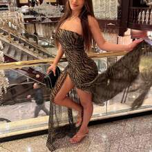 Vestido largo de mujer de tipo top tubo, sin tirantes, sin espalda, con parches de malla, estampado de leopardo, con abertura alta, vestido largo para fiesta, club nocturno y ropa de fiesta