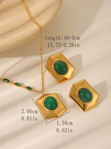 Juego de 3 piezas de collar colgante de acero inoxidable con baño de oro de 18 quilates, piedra de ojo de gato verde y forma geométrica de rombo, joyería de estilo europeo y americano de moda adecuada para regalo de mujer para fiesta y cumpleaños