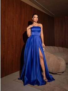 Long Party Dress With Slit Strapless Pocket Flared Bridesmaid Elegant Event Prom Civil Wedding - Royal Blue - View 1