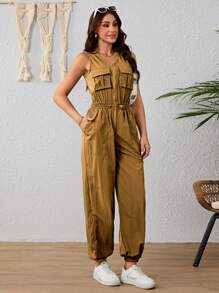 Women's Elegant Wide Leg Jumpsuit, Flocking Fabric Jumpsuit, Plunging Neckline And High Waist