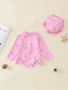 Rash Guard Swimsuits With Hat 2 Pcs Set Bow Pattern Zip Up Long Sleeve Crew Neck Baby Girls Swimwears - 紫色 - 查看 3