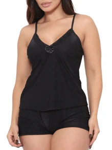 Summer Pajamas | Plain Garter Shorts | Strappy | Baby Doll Set | Short Fit - Black and White - View 1