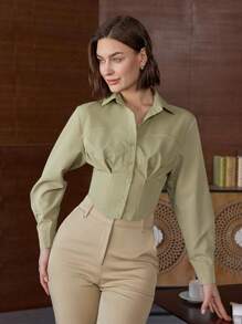 Women's Casual Stylish Short Turndown Collar Herringbone Patterned Single-Breasted Shirt Blouse, Long Sleeve Top, Suitable For Summer And Spring