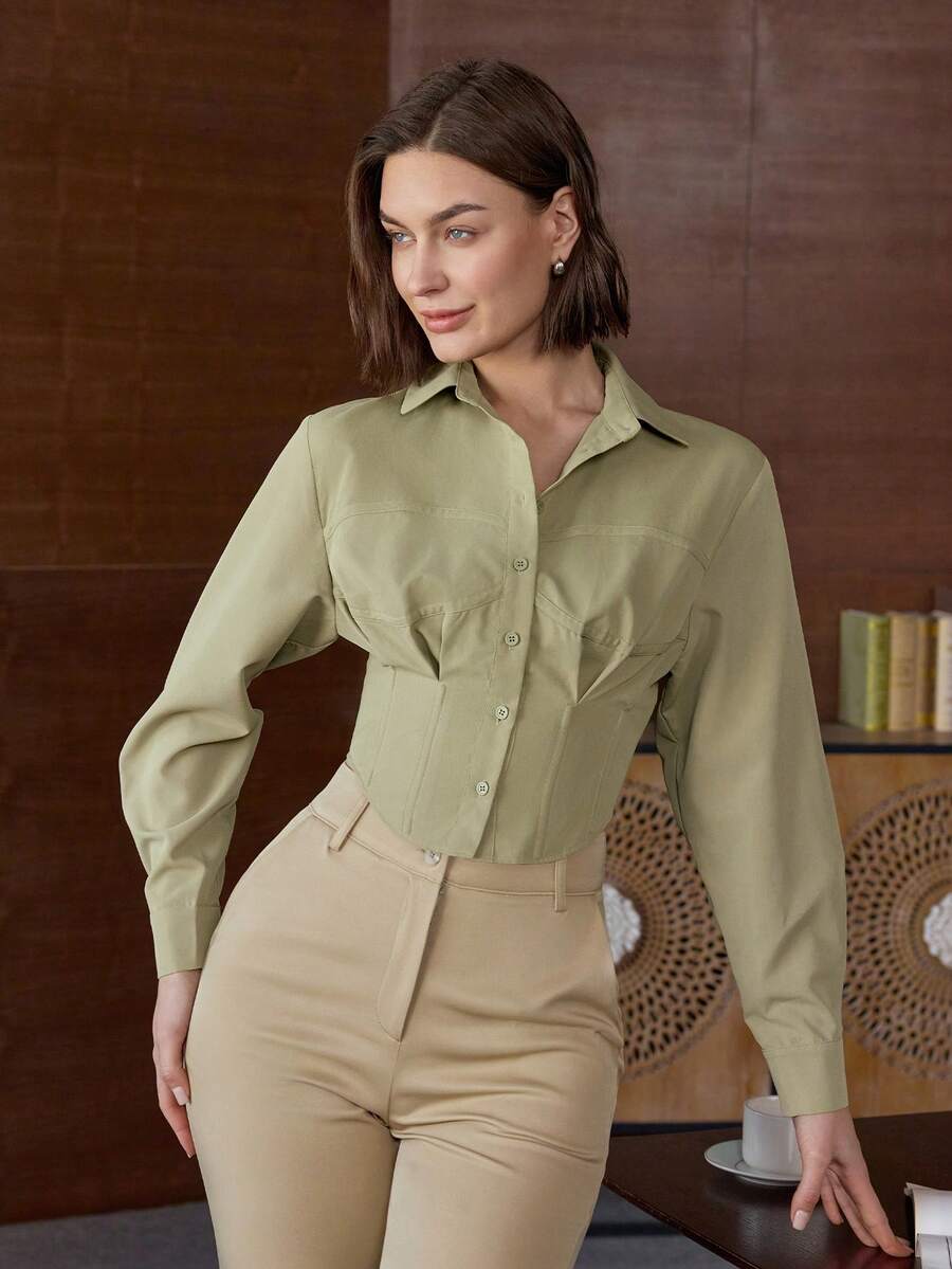 Women's Casual Stylish Short Turndown Collar Herringbone Patterned Single-Breasted Shirt Blouse, Long Sleeve Top, Suitable For Summer And Spring