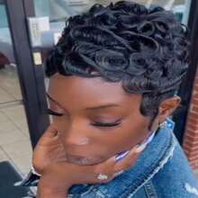 Tóc giả bằng tóc thật ngắn 6 inch - Kiểu tóc xoăn Pixie thanh lịch không ren, mật độ 150%, mũ lưới hoa hồng không keo - Quà tặng năm mới lý tưởng cho mẹ - màu đen - Xem 7