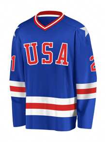 Men's Embroidered Ice Hockey Jersey 21 Blue Casual V-Neck Long Sleeves T-Shirts Party Sports Top