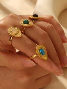 1 件时尚夸张奢华金镶嵌绿松石可调节女士戒指，18k 不锈钢，不褪色，优雅设计，适合日常、节日、派对、约会佩戴或送礼 - 氣質款 - 查看 3