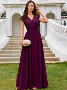 MIUSOL Vestido elegante de chifón para fiesta formal, boda o evento, con cuello en V de encaje floral, mangas cortas y bajo plisado