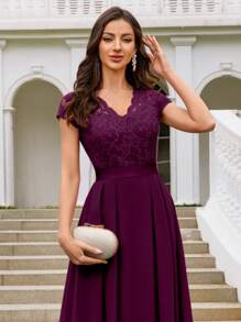 MIUSOL Vestido elegante de chifón para fiesta formal, boda o evento, con cuello en V de encaje floral, mangas cortas y bajo plisado