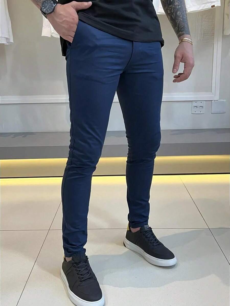 Men's Slim Casual Traditional FIT 4-Pocket Skinny Twill Pants - Navy Blue - View 1